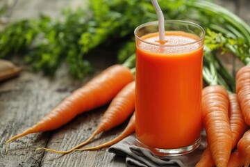 Wall Mural - Freshly harvested carrots with a glass of orange juice beside