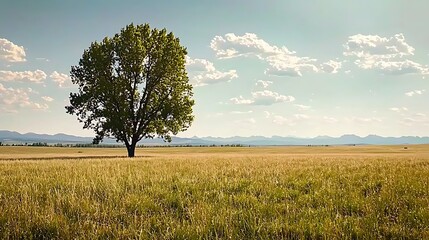 Canvas Print - A solitary tree stands tall in a vast golden field under a bright blue sky with distant mountains