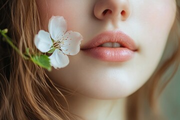 Poster - A close-up shot of a woman holding a flower between her teeth, with a calm and serene expression