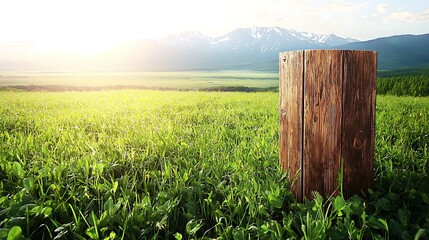 Wall Mural - A solitary wooden stump in a vibrant green field with mountains and a sunrise in the background