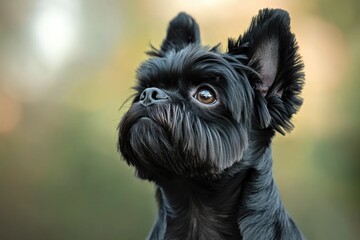 Poster - A small black dog with distinctive big ears looks directly at the camera