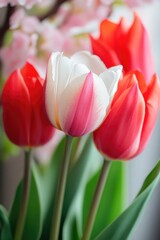 Poster - A bouquet of red and white tulips in a decorative vase, perfect for decorating any space