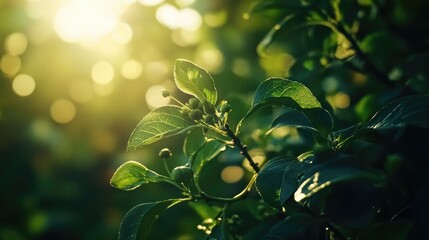 Poster - Close-up of sunlight shining through tree leaves with some leaves overlapping, ideal for backgrounds or nature-inspired designs