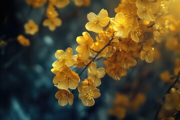 Poster - A close-up shot of a bunch of bright yellow flowers on a single branch