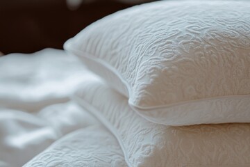 Poster - A collection of pillows stacked high on a bed