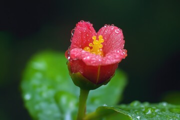Poster - A close-up of a red flower with water droplets glistening on its petals, perfect for illustrations or designs about nature, gardening, or simple beauty