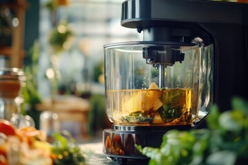 Poster - A blender filled with colorful fruits and vegetables on a modern kitchen countertop