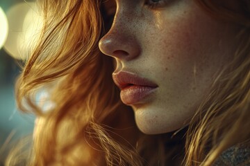 Wall Mural - Portrait of a woman with freckles on her hair, close-up shot