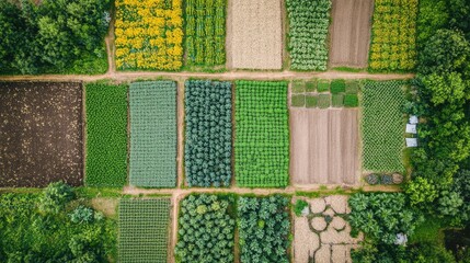 Poster - Aerial view of a farm with various crops, integrated water systems, and animal pastures, showcasing the interconnectedness of farming practices.