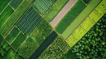 Poster - Aerial view of a farm with interconnected systems, including crop fields, animal grazing, and water management, promoting integrated farming with space for copy.