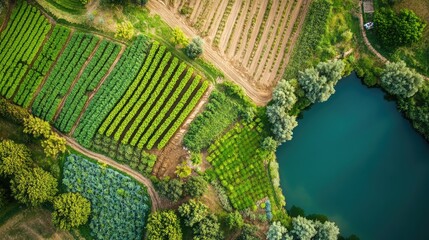 Poster - Aerial view of a farm with various crops, integrated water systems, and animal pastures, showcasing the interconnectedness of farming practices.