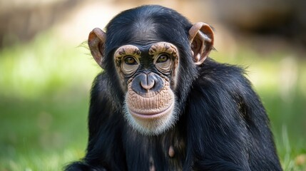 Sticker - A close-up view of a chimpanzee sitting on a grassy field