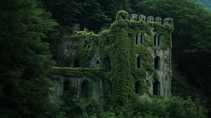 Poster - An old abandoned castle covered in ivy