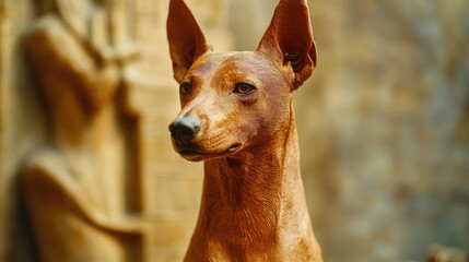Poster - A brown dog standing in front of an old stone building, possibly a historic landmark or a town square