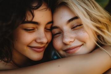 Aufkleber - Two friends embracing, eyes closed, a moment of affection and trust