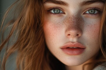 Poster - Close-up shot of a woman's face with distinctive freckles, suitable for use in beauty or personality-focused imagery