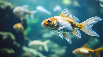Poster - A close-up of freshwater fish like goldfish and cichlids swimming gracefully in a well-maintained aquarium, leaving room for text.
