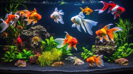 Poster - A colorful aquarium scene with ornamental fish like goldfish, angelfish, and bettas swimming peacefully among plants, leaving room for copy.