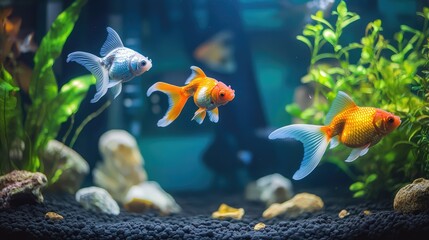 Poster - A colorful aquarium scene with ornamental fish like goldfish, angelfish, and bettas swimming peacefully among plants, leaving room for copy.