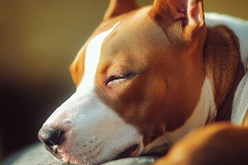 A brown and white dog lying down on a couch, perfect for home decor or pet photography