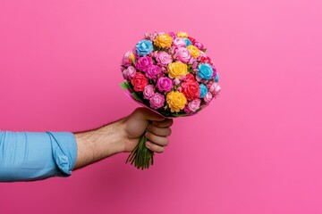 Poster - A person holds a bouquet of flowers against a bright pink background