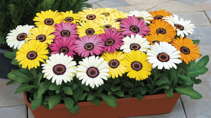 Poster - A vibrant display of colorful gerbera daisies in a planter, showcasing bright petals in yellow, orange, pink, and white