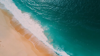 Poster - Aerial view of a serene beach with golden sands meeting turquoise waves, creating a tranquil coastal landscape