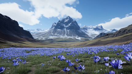 Poster - A breathtaking landscape featuring a vibrant field of purple flowers in front of a majestic mountain range under a clear blue sky