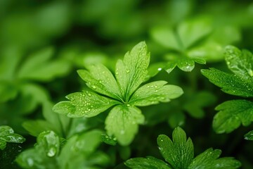 Poster - Close-up shot of a green plant with water droplets on its leaves