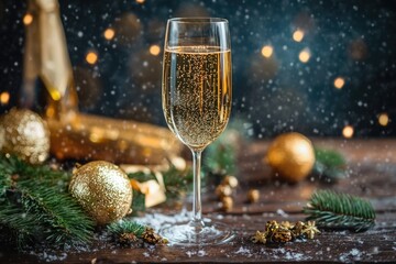 Aufkleber - A glass of champagne sitting on a rustic wooden table, perfect for special occasions or romantic evenings