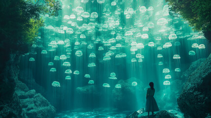 Poster - A surreal underwater scene with glowing jellyfish floating