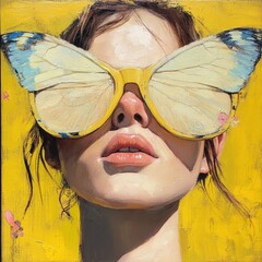 Aufkleber - A portrait of a woman with a colorful butterfly on her face, creative makeup art