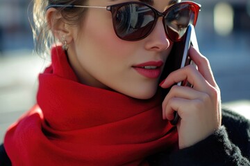Poster - A woman sitting and talking on her cell phone while wearing trendy sunglasses, great for illustrations about modern life, technology, and fashion