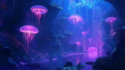 Poster - A surreal underwater scene with glowing jellyfish floating