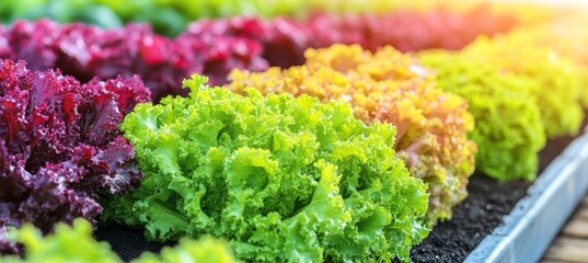 Canvas Print - Vibrant Rows of Lettuce Plants Growing in Agricultural Garden, Variety of Colors in Healthy Produce