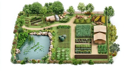 Fototapete - A small-scale farm layout with crops, chickens, and a water pond working in harmony to create an integrated farming system with clear copy space.