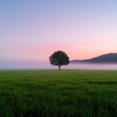 Wall Mural - lone tree in a foggy field at sunrise