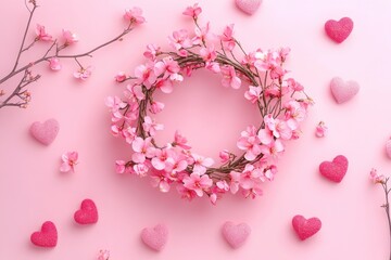 Poster - A beautiful arrangement of pink flowers and hearts on a pink background
