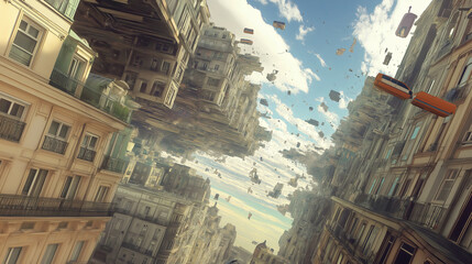 Poster - A surreal cityscape where gravity is reversed