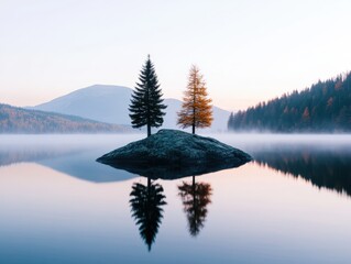 Wall Mural - trees on an islet reflecting in a tranquil lake