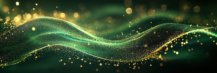 Wall Mural - 3d background minimalistic mockup with space for text, dynamic abstract wave in bright green with golden sparkles
