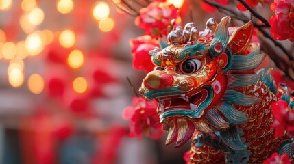 Poster - A sculpture of a dragon sitting on a tree branch surrounded by red flowers, great for fantasy or mythical theme designs