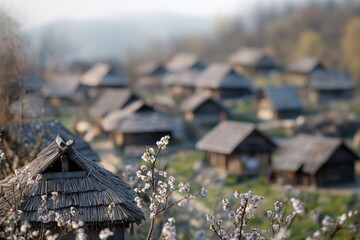Poster - A small rural village with a traditional thatched roof house