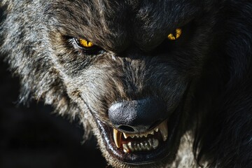Poster - A close-up shot of a wolf's face with bright yellow eyes, suitable for wildlife or nature-themed projects
