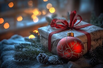 Poster - A beautifully wrapped gift with a red ribbon and a Christmas ornament, perfect for holiday presents or decorations