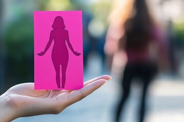 Poster - A person holds a pink paper cutout of a woman, ideal for creative projects and artistic expressions