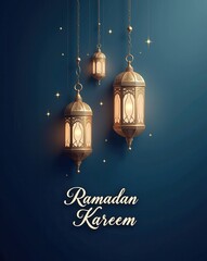 Poster - A beautifully designed 'Ramadan Kareem' greeting card featuring elegant hanging lanterns