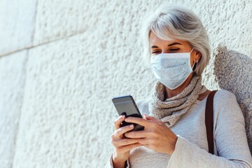 Aufkleber - A person is checking their phone while wearing a protective face mask