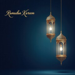 Poster - A beautifully designed 'Ramadan Kareem' greeting card featuring elegant hanging lanterns