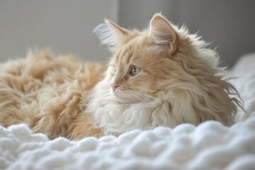 Poster - A cute cat is lying on a soft white blanket, perfect for pet photography or interior design inspiration